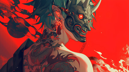 Wall Mural - Anime guy with tattoo, Japanese oni mask drawing