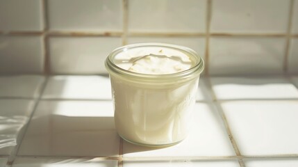 Wall Mural - Close up of tasty organic yogurt in a glass jar on a white tiled surface Room for a caption