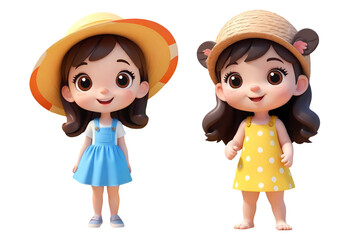 3d rendering little girl cartoon characters wearing sun hat isolated on transparent background, PNG file add