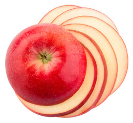 Wall Mural - Apple isolated png. Red sliced apple top view on transparent background. PNG format. Red apple slice above with no background. Full depth of field.