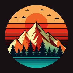 Wall Mural - Vector mountain and forest illustration with retro style for t-shirt design