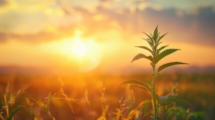 Wall Mural - solitary plant in field thrives under warm, golden sunset with beautiful sky, showcasing nature's be