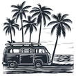 © Jumpingsack - Surf bus retro minivan, palm trees, surfboard and beach. Vector illustration