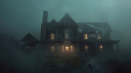 Wall Mural - Eerie haunted house with fog swirling around, dimly lit windows, and cobwebs hanging from the eaves, perfect for capturing the spooky Halloween atmosphere