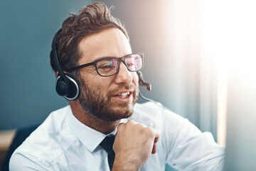 Aufkleber - Businessman, headset and contact center agent speaking, inbound and outbound calls for customer service consultant. Advice, telesales and online assistance in office, communication and microphone