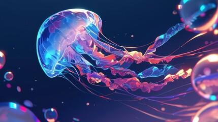 Canvas Print - A vibrant and whimsical 2d illustration of a jellyfish a fascinating creature of the sea brought to life in a cartoon style