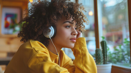 Wall Mural - Young woman with curly hair listening to music on headphones