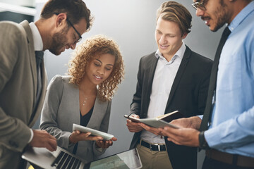 Aufkleber - Business people, technology and team work in office for corporate collaboration and planning of ideas. Employees in circle on digital tablet, notebook and laptop for job research and human resources