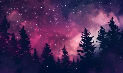 Wall Mural - Starry Sky with Pine Tree Silhouettes and Milky Way Galaxy