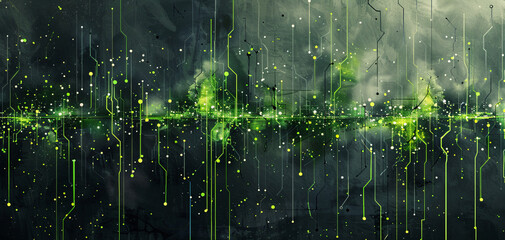 Hightech watercolor background with intersecting thin green lines and circuitlike patterns on a dark gray wash