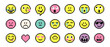 © Mariia - Smile icons collection. Set of emoticons pixel art. Emoji pixelated icon pack. Various faces. Pixels Y2k trendy playful emoticon stickers. 8-bit retro style vector illustration for social media