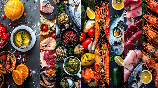 a vibrant and appetizing photo collage banner featuring a variety of seafood, meat, and vegetable di