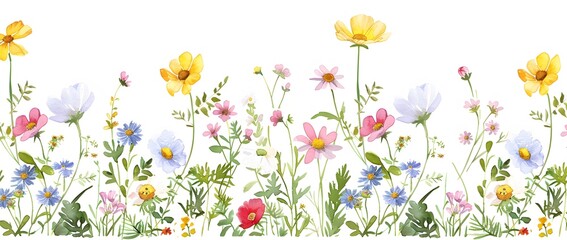 Poster - Watercolor Wildflowers Landscape Border with Cosmos and Daisies