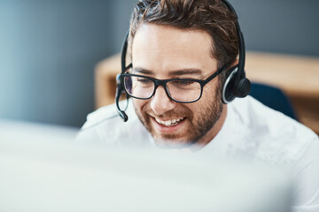 Aufkleber - Businessman, talking and call center with headset, help desk and friendly customer service for online advice. Tech support, telesales and office for communication, agent and consultation professional
