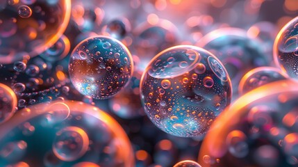 A close-up image of many abstract, iridescent bubbles with a variety of colors including blue, green, orange, and purple