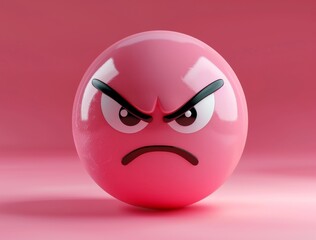 Wall Mural - Angry pink emoji with black eyebrows and frown on pink background