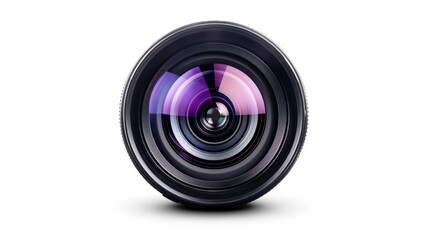 Close up image of camera lens on white background View from the front