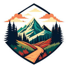 Wall Mural - Hiking on the trails with a mountain in the distance. Vintage retro-style mountain and forest illustration for t-shirt design