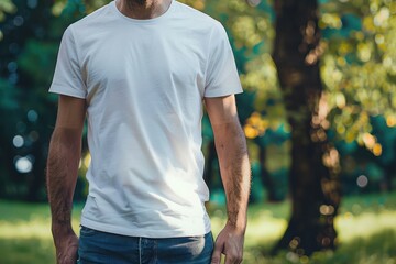 Simple white t-shirt on man, green park backdrop, blurred details on fabric and folds a?