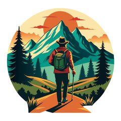 Wall Mural - Hiking on the trails with a mountain in the distance. Vintage retro-style mountain and forest illustration for t-shirt design