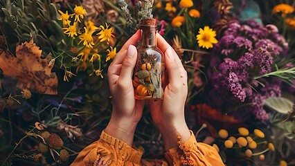 Wall Mural - Bottles with tincture of medicinal herbs in the hands of a woman. Selective focus. Nature.