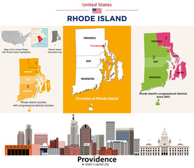 Wall Mural - Rhode Island counties map and congressional districts since 2023 map. Providence skyline (state's capital and most populous city). Vector set