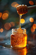 © Oleksandr - Simple image of honey dripping from a comb into a glass jar on a clean surface,