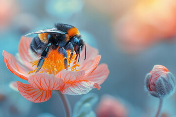Poster - Minimalist aesthetic image of a single bee on a pastel-colored flower,