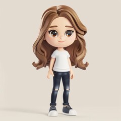 3D image of cute girl in white shirt and ripped jeans, brown hair and freckles