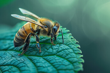 Aufkleber - Minimalist aesthetic image of a bee on a green leaf against a soft backdrop,