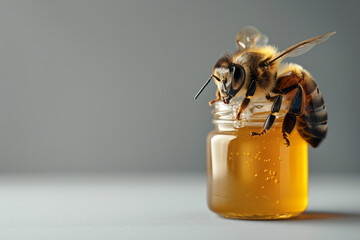 Aufkleber - Minimalist aesthetic image of a bee resting on a glass jar of honey,
