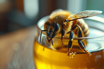 Aufkleber - Minimalist aesthetic image of a bee resting on a glass jar of honey,