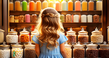 Close-up and back view of a cute little girl standing in front of a candy shop to choose your favorite sweets. Generative Ai.