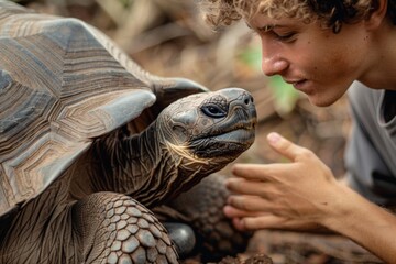 A young man interacts with a giant tortoise in its natural habitat