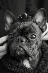 Aufkleber - Elegant shot of a pet being gently brushed in a minimalist grooming studio,