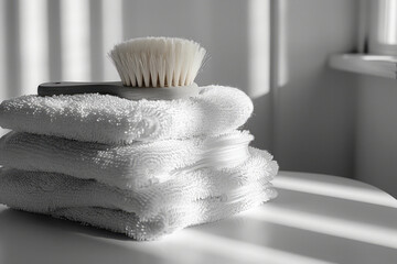 Aufkleber - Minimal aesthetic image of a grooming brush and a clean white towel on a plain surface,