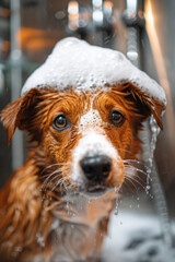 Aufkleber - Minimalist image of a dog getting a bath in a clean, modern grooming station,