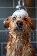 Aufkleber - Minimalist image of a dog getting a bath in a clean, modern grooming station,