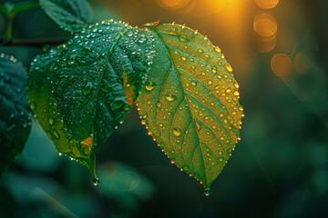Aufkleber - Elegant shot of a dew-covered leaf in the early morning light, embodying life and freshness,