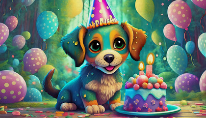 Sticker - oil painting style cartoon character illustration Adorable dog puppy with party hat and birthday cake,