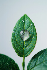 Aufkleber - Elegant shot of a crystal-clear water droplet on a green leaf, against a plain background,