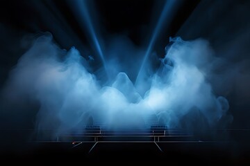 Wall Mural - Illuminated stage with scenic lights and smoke. Blue vector spotlight with smoke volume light effect on black background. Stadium cloudiness projector, Generative AI