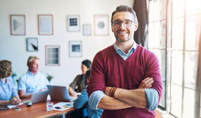 Aufkleber - Portrait, meeting and business man with arms crossed for teamwork and support for project management in office. Creative agency, confident and mature male manager with pride for staff collaboration