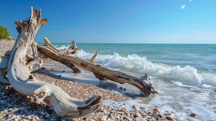 Driftwood washed ashore on a sunny beach with foamy waves