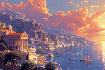 A Picturesque Mediterranean City at Sunset