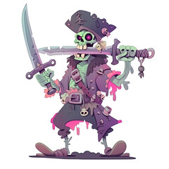 Wall Mural - An illustration of a zombie pirate with pink eyes holding two swords