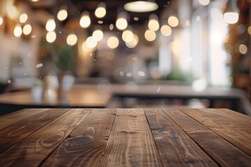 A wooden table with a blurry background of a restaurant setting