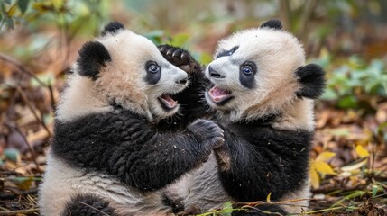 Two funny young pandas playing together. Cute happy panda bears
