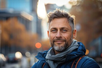 Poster - A beaming man with facial hair poses in front of urban buildings, wearing a winter jacket