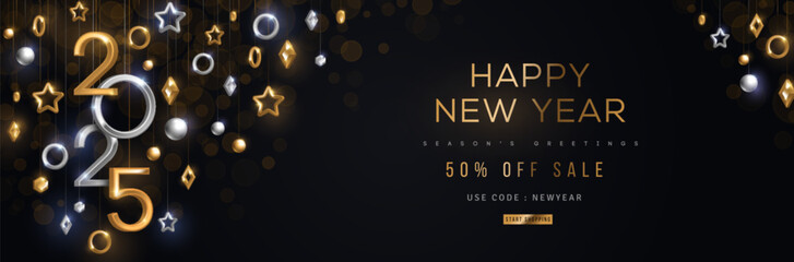 Wall Mural - Christmas New Year banner with hanging gold and silver 3d baubles and 2025 numbers on black background. Vector illustration. Winter holiday poster, minimal geometric decorations. Place for text.